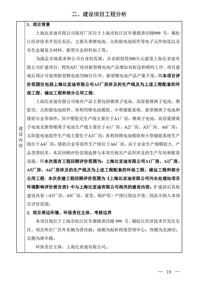 比亚迪拟扩建上海工厂,预计每年可处理新型锂电池7200万只